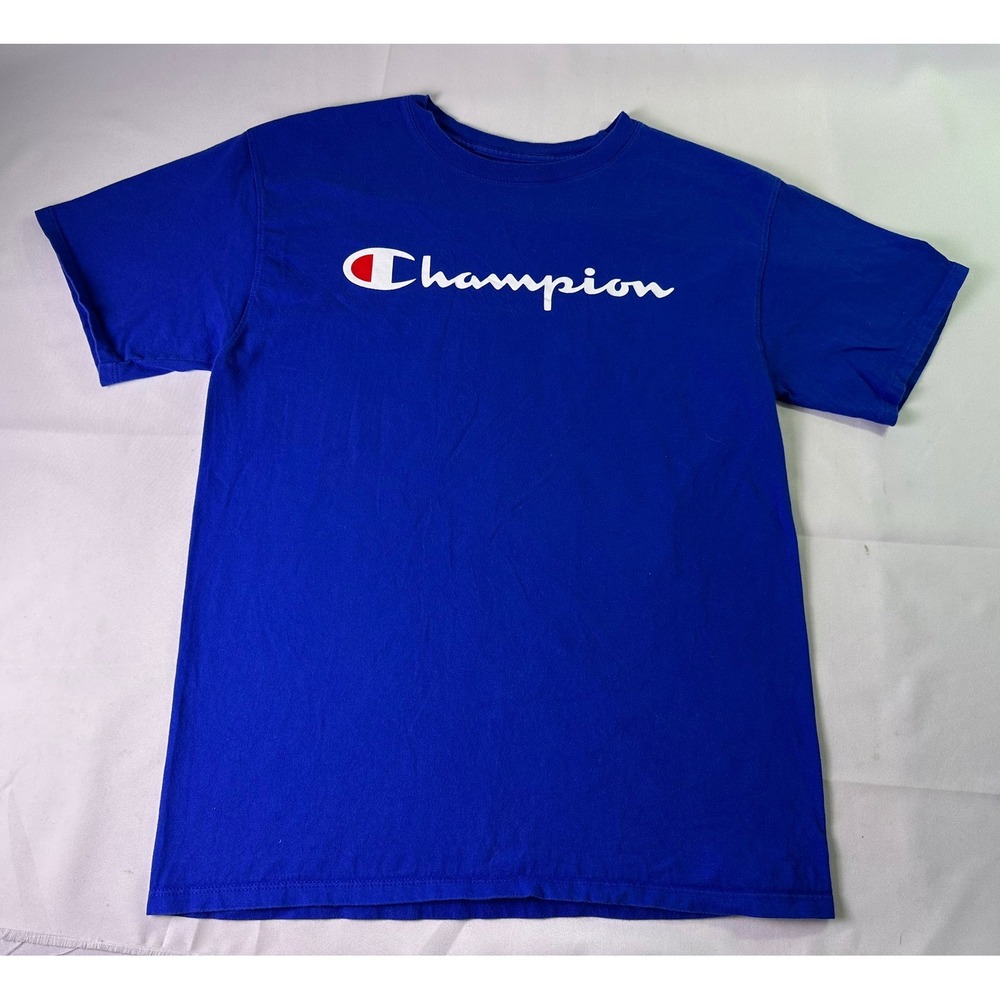 Champion T-Shirt Mens Medium Royal Blue Script Logo Classic Jersey Tee Gym Retro